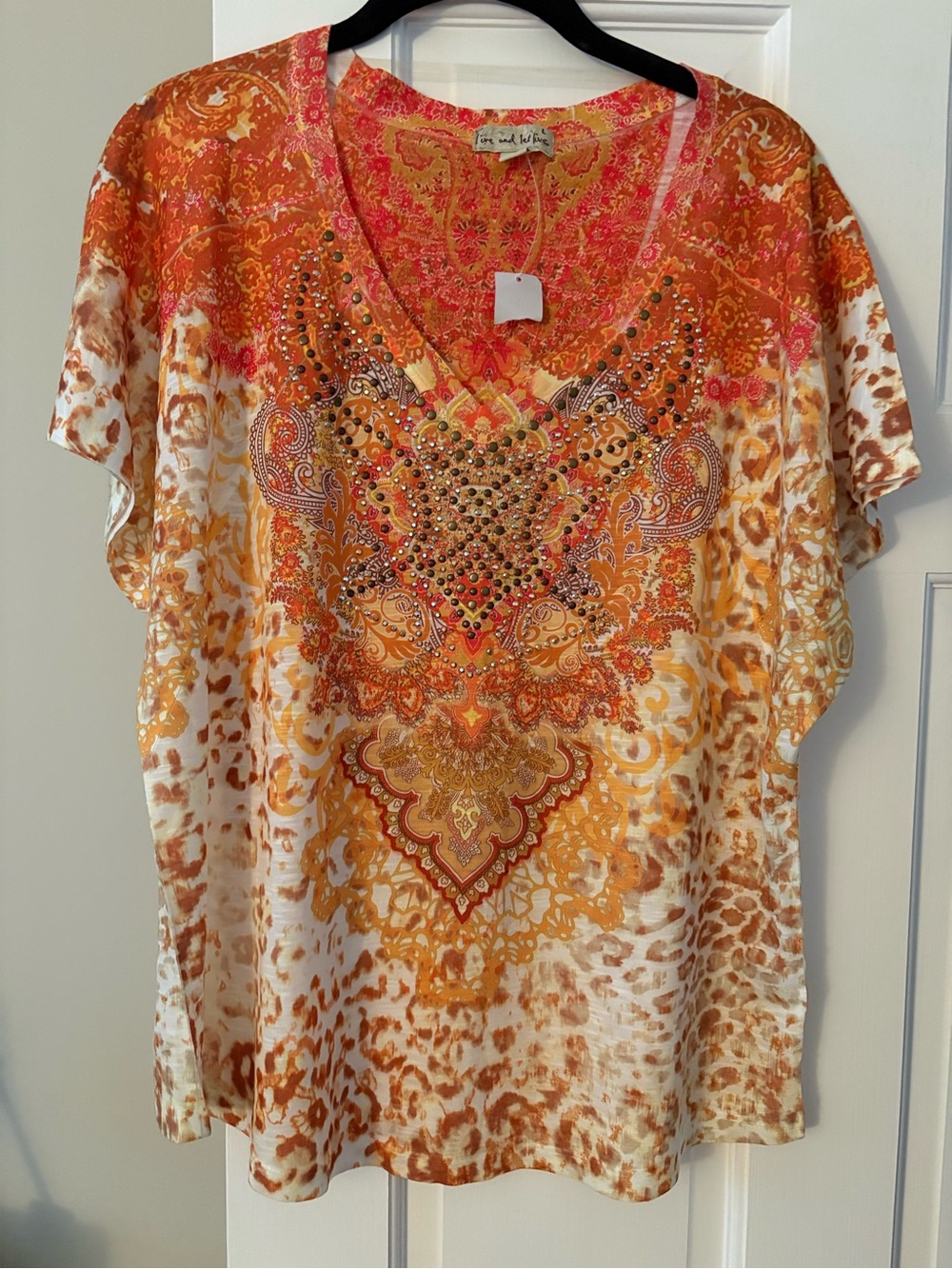 live and let live Orange and White Paisley Embellished V-Neck Tunic
